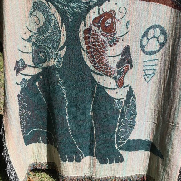 Vincent Trinidad Cat Knife Woven Blanket Tapestry Tattoo Katana Fish Japonism - Picture 9 of 10